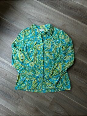 Jones New York Bright Paisley 70s style Button-Up Shirt in Turquoise & Lime